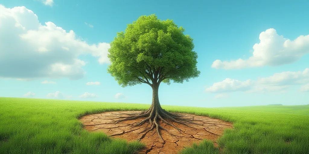 a tree on a cracked earth with a sky background and a green field below it with a blue sky, Chris La