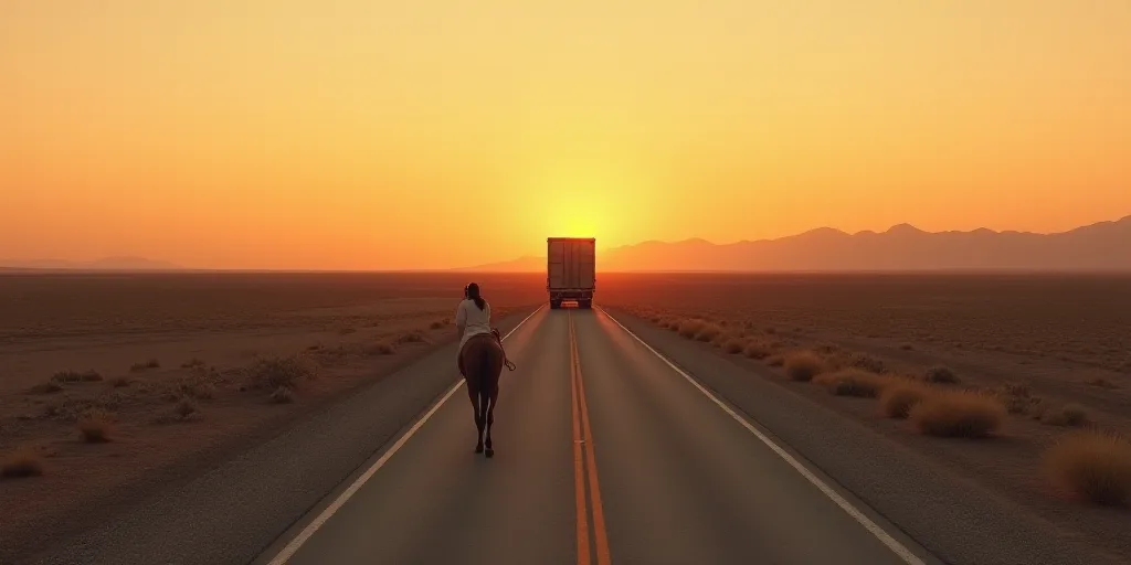 a truck driving down a road in the middle of the desert at sunset or dawn with a horse standing on t