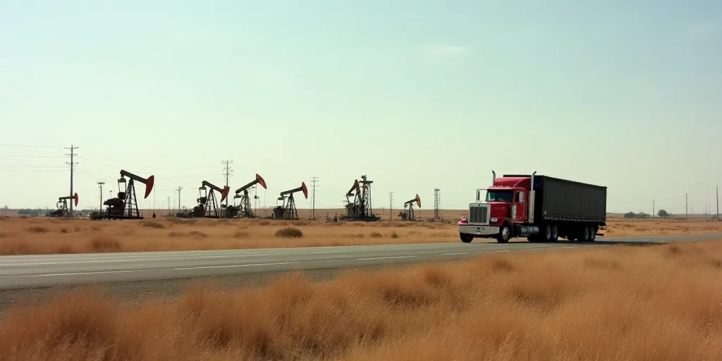 a truck driving down a road past a bunch of oil pumps in the background of a field of dead grass, El