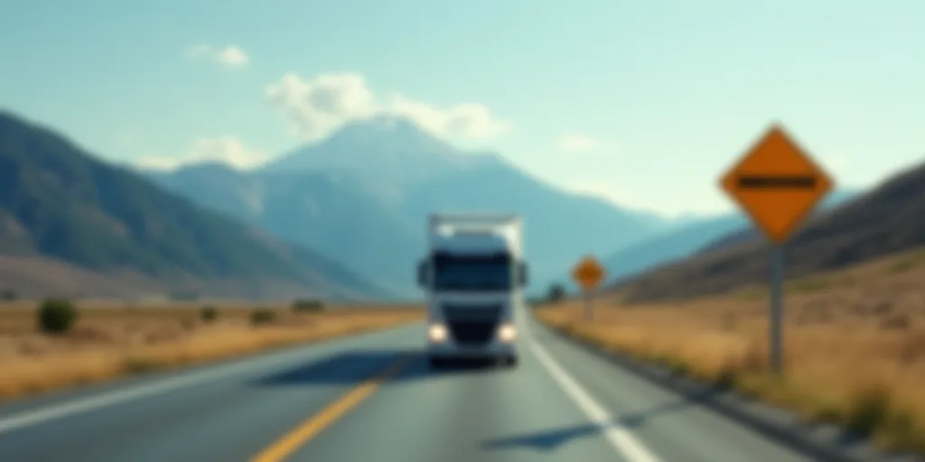 a truck driving down a road with a mountain in the background and a road sign on the side of the roa