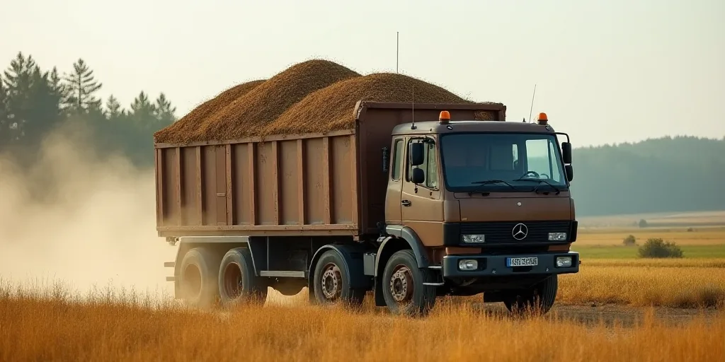 a truck filled with a bunch of brown stuff in a field next to a field of grass and trees, Dahlov Ipc