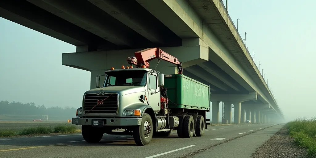 a truck is parked under a bridge with a crane on it's back and a green box on the back, Ceferí Oliv