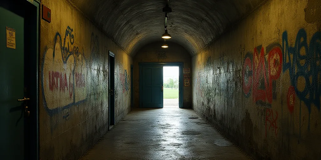 a tunnel with a long wall and a long door leading to it with graffiti on the walls and a door leadin