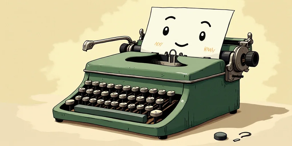 a typewriter with a face drawn on it and a caption for the words opinion and a question, Edward Otho