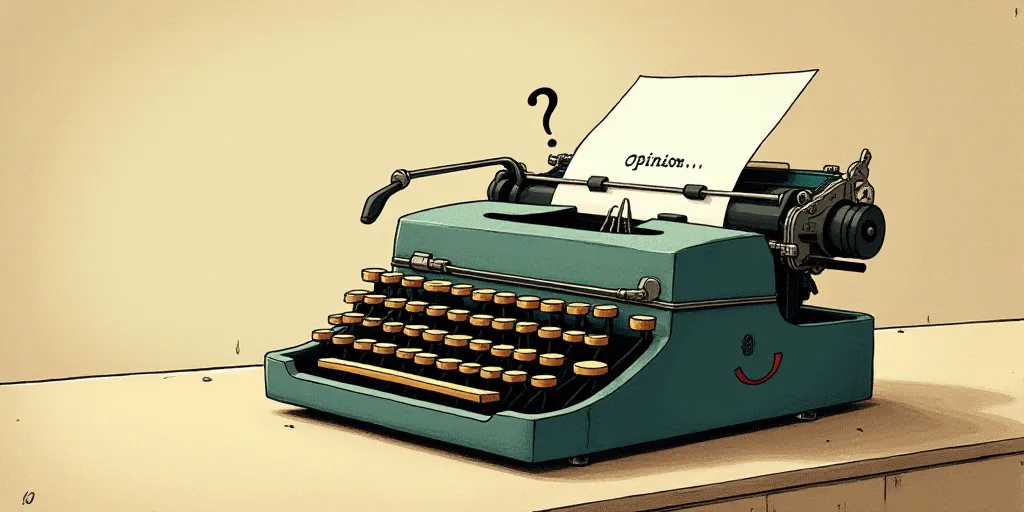 a typewriter with a face drawn on it and a caption for the words opinion and a question, Edward Otho