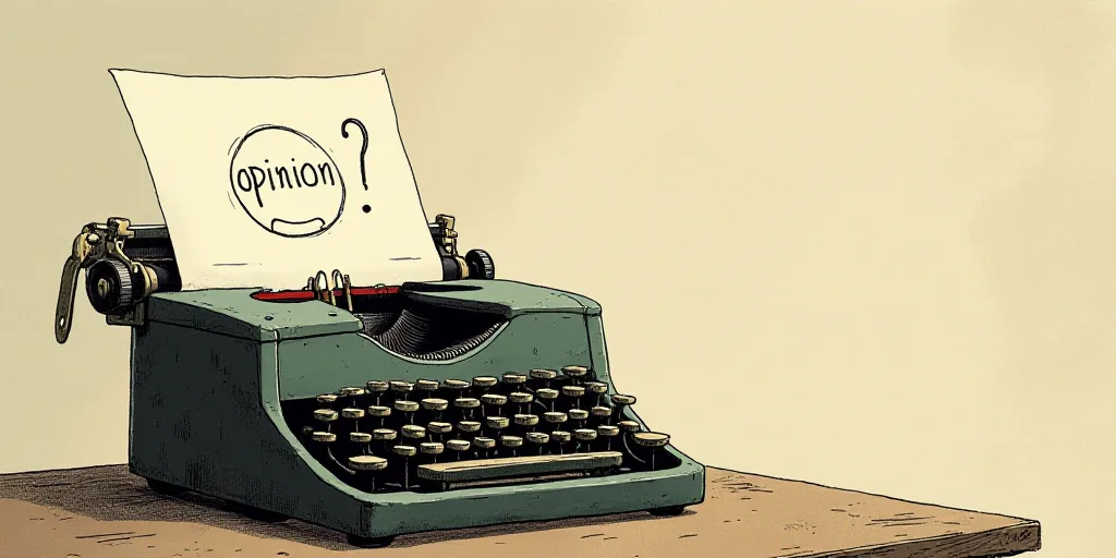 a typewriter with a face drawn on it and a caption for the words opinion and a question, Edward Otho