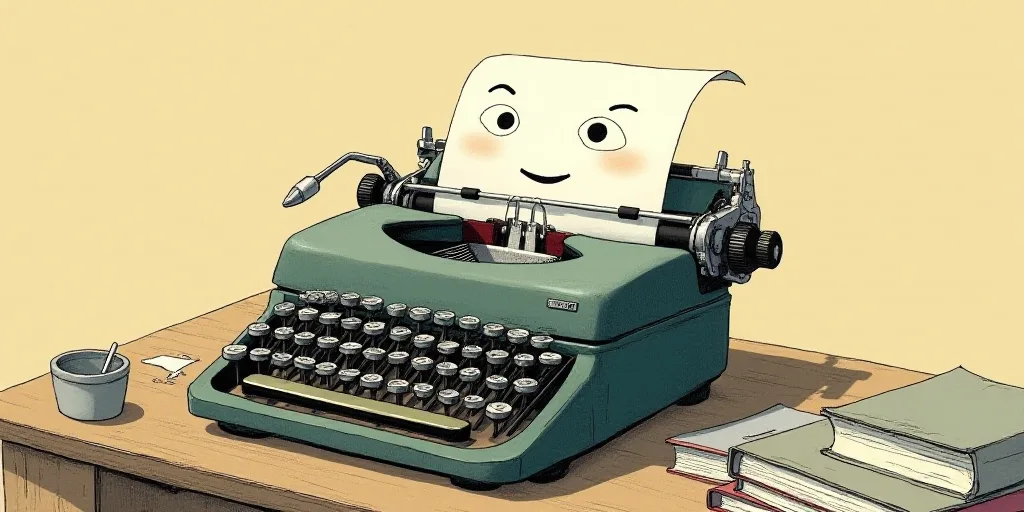 a typewriter with a face drawn on it and a caption for the words opinion and a question, Edward Otho