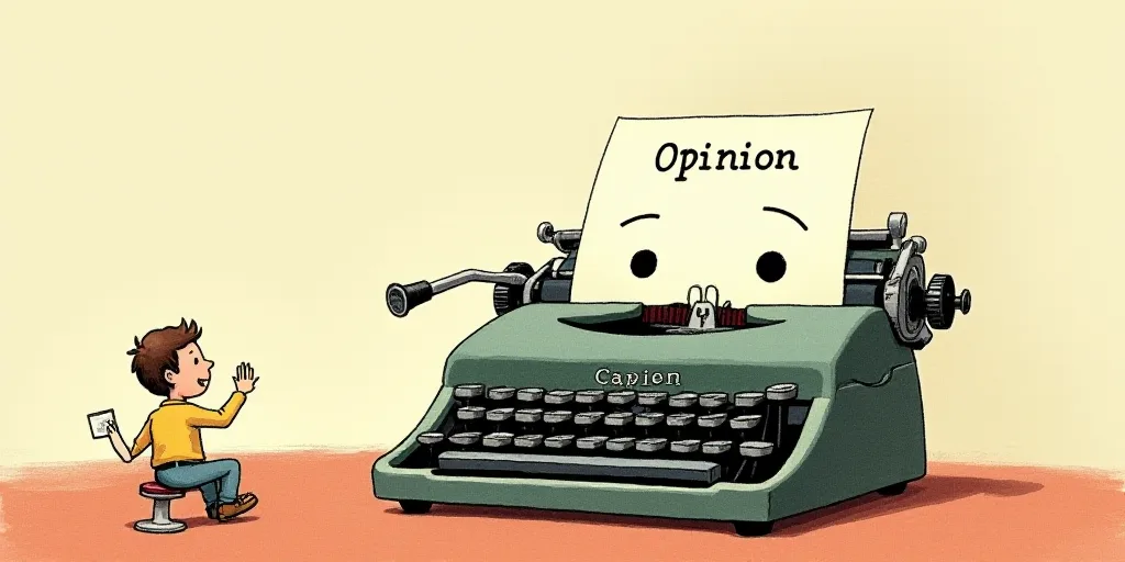 a typewriter with a face drawn on it and a caption for the words opinion and a question, Edward Otho