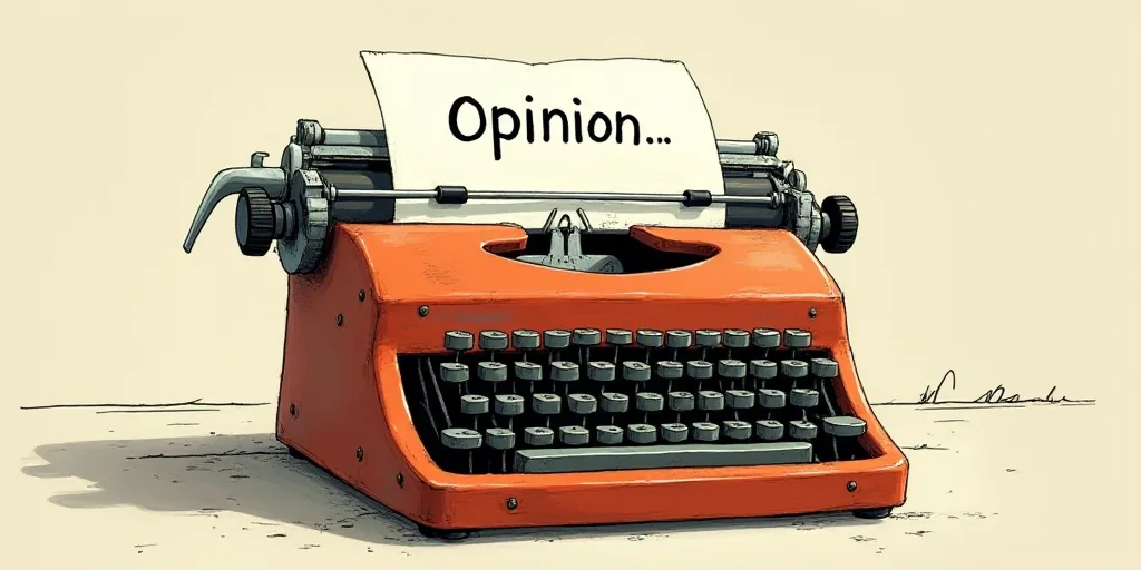 a typewriter with a face drawn on it and a caption for the words opinion and a question, Edward Otho