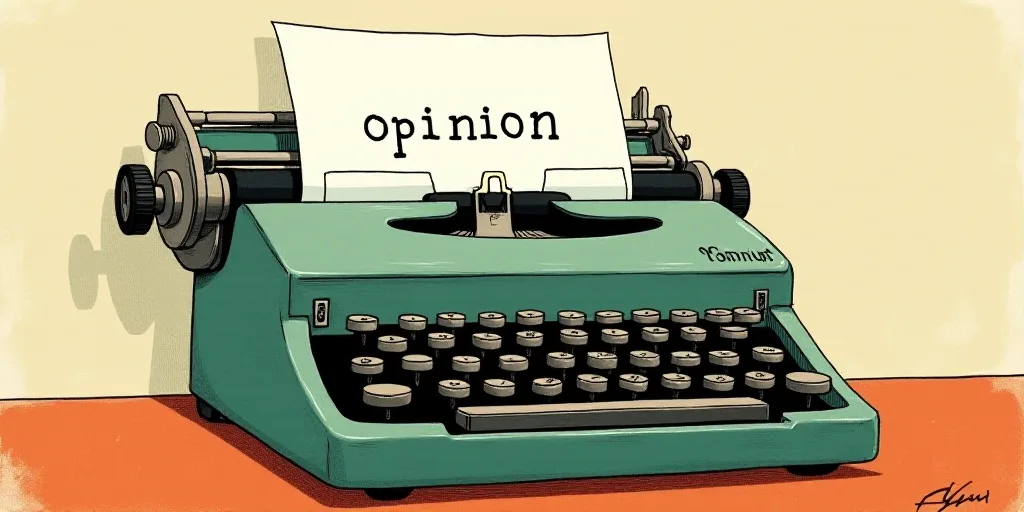 a typewriter with a face drawn on it and a caption for the words opinion and a question, Edward Otho