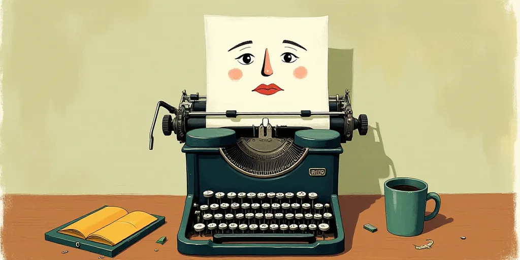 a typewriter with a face drawn on it and a caption for the words opinion and a question, Edward Otho