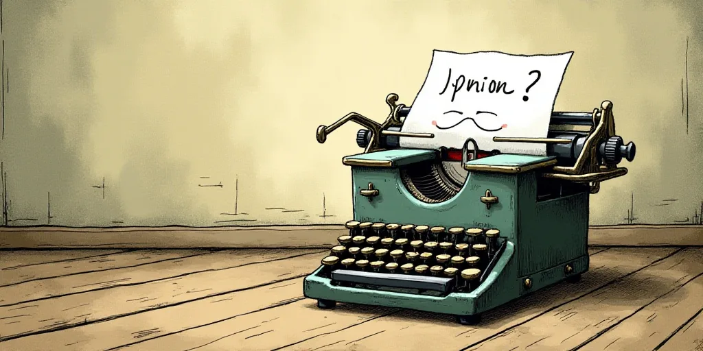 a typewriter with a face drawn on it and a caption for the words opinion and a question, Edward Otho