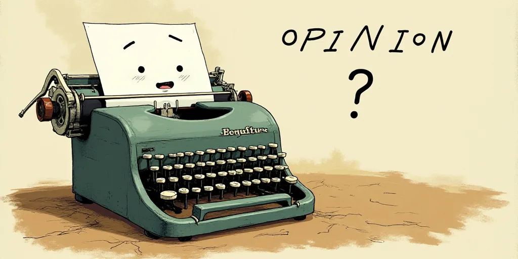 a typewriter with a face drawn on it and a caption for the words opinion and a question, Edward Otho