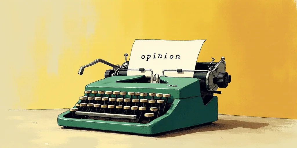 a typewriter with a face drawn on it and a caption for the words opinion and a question, Edward Otho