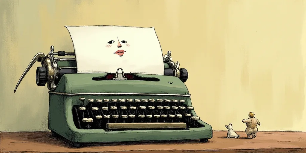 a typewriter with a face drawn on it and a caption for the words opinion and a question, Edward Otho