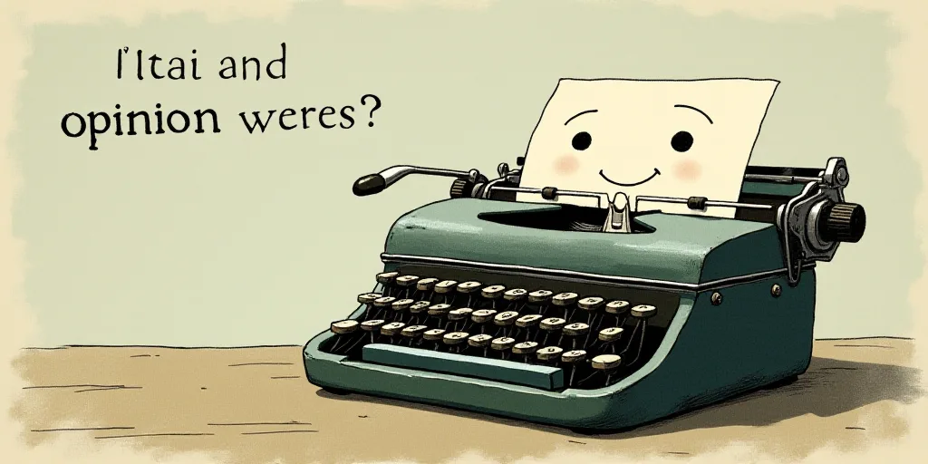 a typewriter with a face drawn on it and a caption for the words opinion and a question, Edward Otho