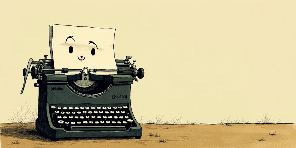 a typewriter with a face drawn on it and a caption for the words opinion and a question, Edward Otho