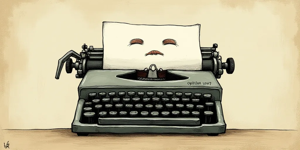 a typewriter with a face drawn on it and a caption for the words opinion and a question, Edward Otho