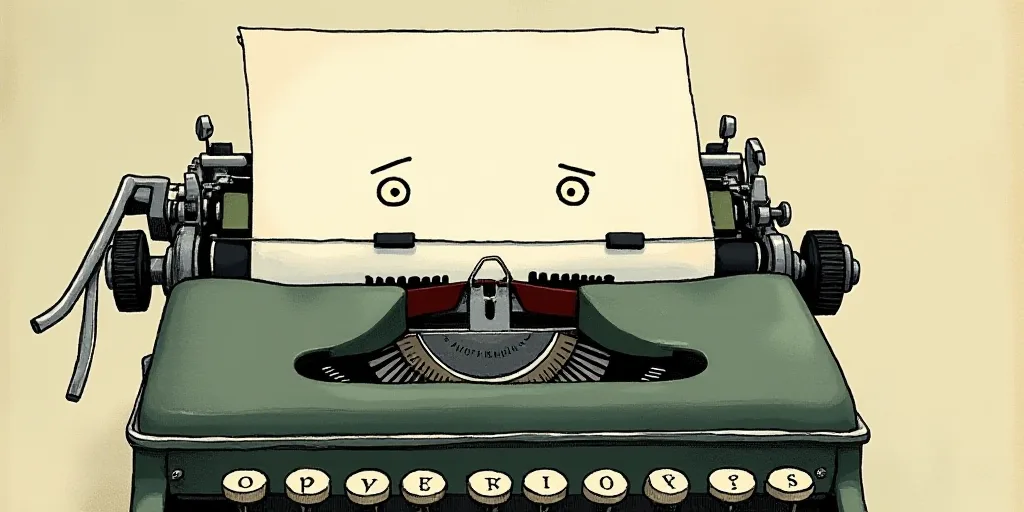 a typewriter with a face drawn on it and a caption for the words opinion and a question, Edward Otho