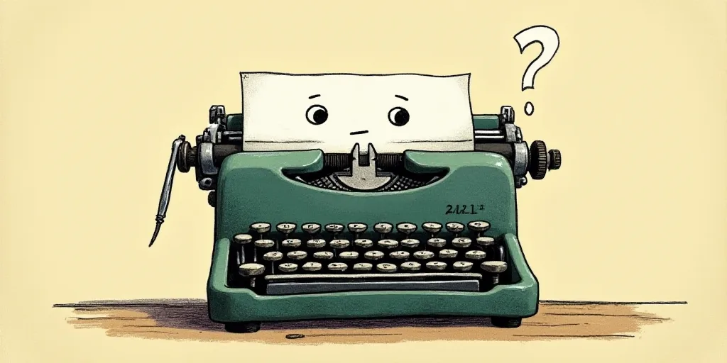 a typewriter with a face drawn on it and a caption for the words opinion and a question, Edward Otho
