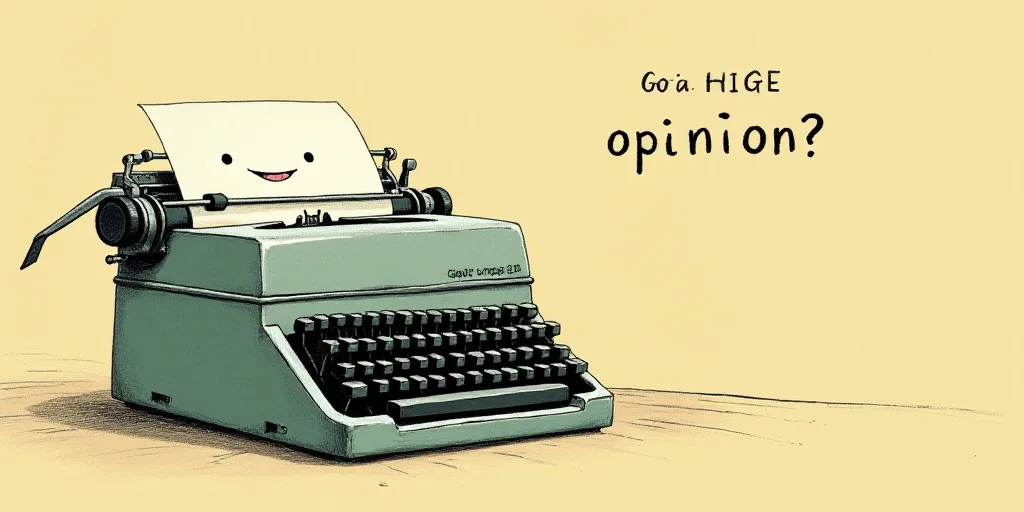 a typewriter with a face drawn on it and a caption for the words opinion and a question, Edward Otho