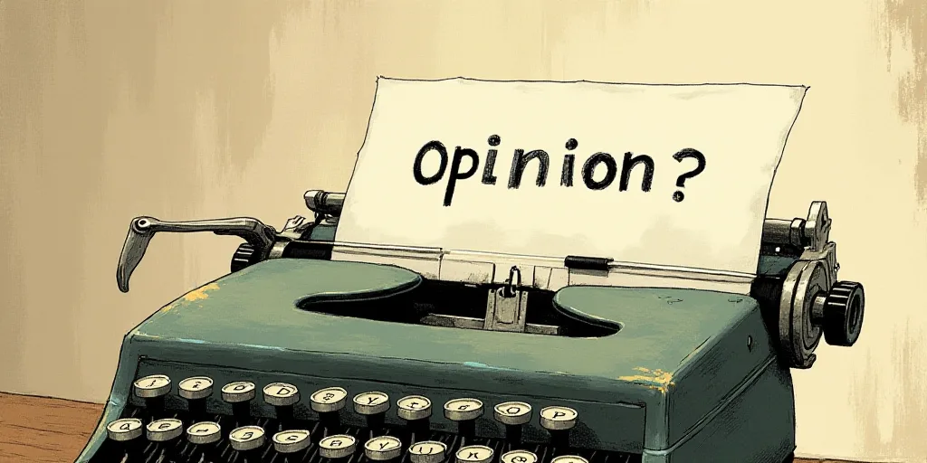 a typewriter with a face drawn on it and a caption for the words opinion and a question, Edward Otho