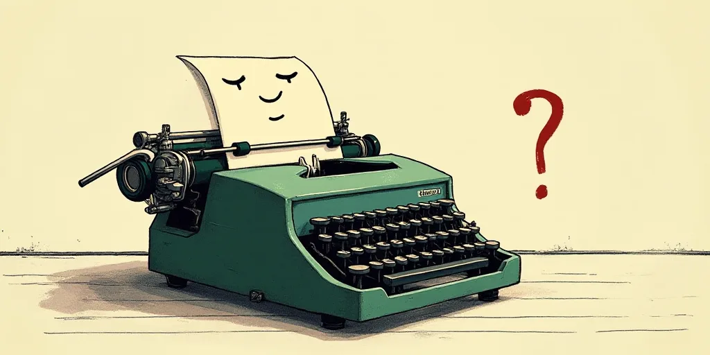 a typewriter with a face drawn on it and a caption for the words opinion and a question, Edward Otho