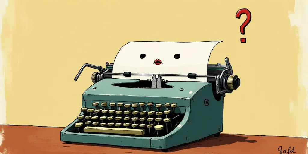 a typewriter with a face drawn on it and a caption for the words opinion and a question, Edward Otho