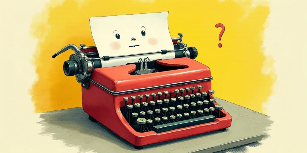 a typewriter with a face drawn on it and a caption for the words opinion and a question, Edward Otho