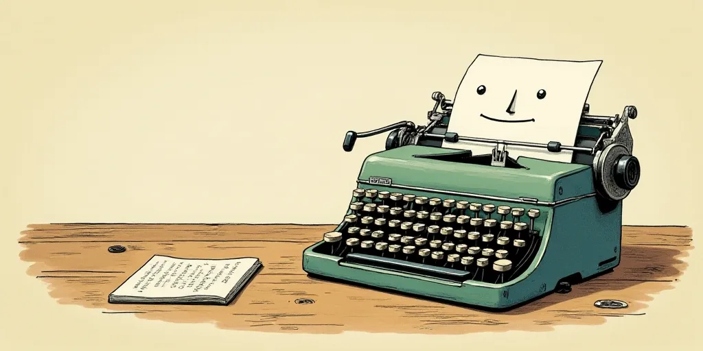 a typewriter with a face drawn on it and a caption for the words opinion and a question, Edward Otho