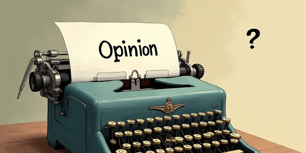 a typewriter with a face drawn on it and a caption for the words opinion and a question, Edward Otho