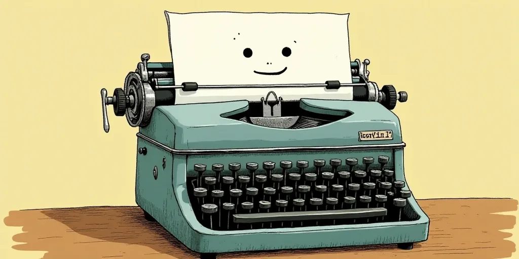 a typewriter with a face drawn on it and a caption for the words opinion and a question, Edward Otho