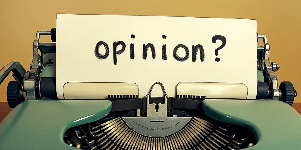 a typewriter with a face drawn on it and a caption for the words opinion and a question, Edward Otho