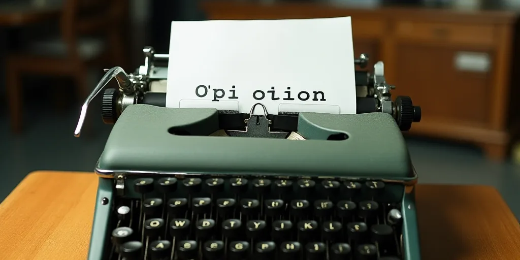 a typewriter with a lot of papers on it and a caption that says opinion on it in spanish, Edward Oth
