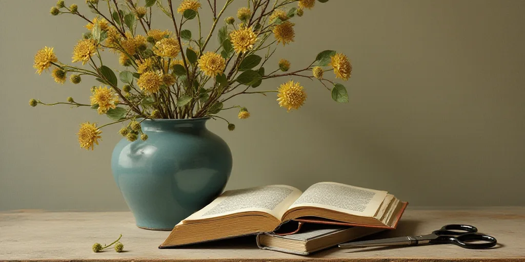 a vase with a plant and a book on a table with a pair of scissors and a pair of scissors, De Hirsh M