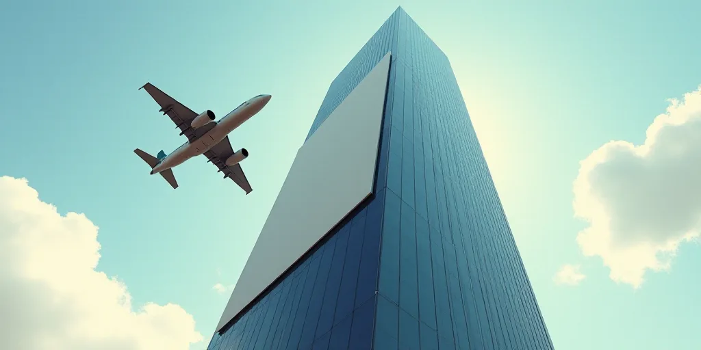 a very tall building with a very large sign on it's side and a plane flying by it, Caspar Wolf, shar