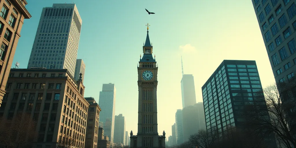 a view of a city with tall buildings and a clock tower in the foreground, and a bird flying overhead
