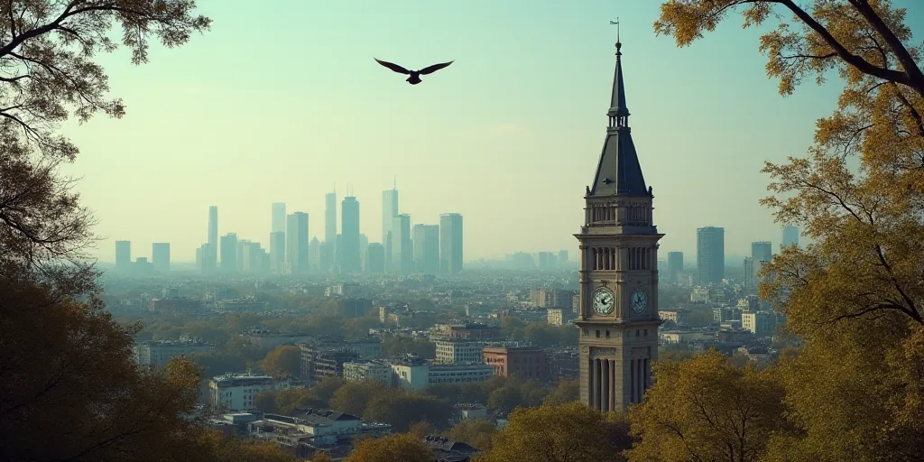 a view of a city with tall buildings and a clock tower in the foreground, and a bird flying overhead