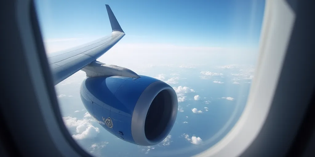 a view of a jet engine from a plane window over the earth and the sky, with a plane wing and a prope
