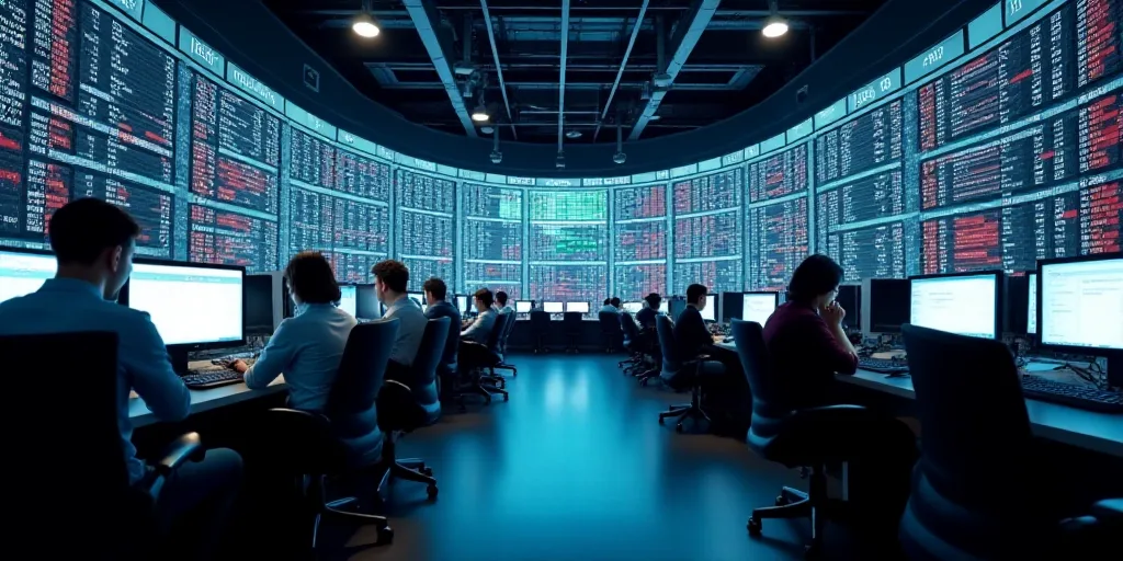 a view of a stock market with people working on their computers and on their phones and on their pho