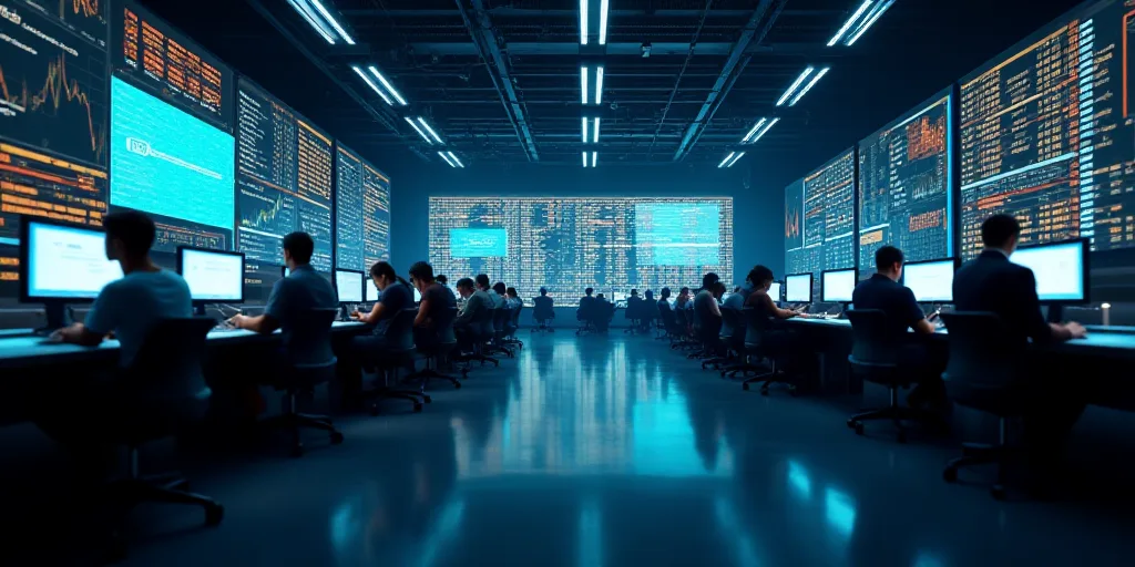 a view of a stock market with people working on their computers and on their phones and on their pho