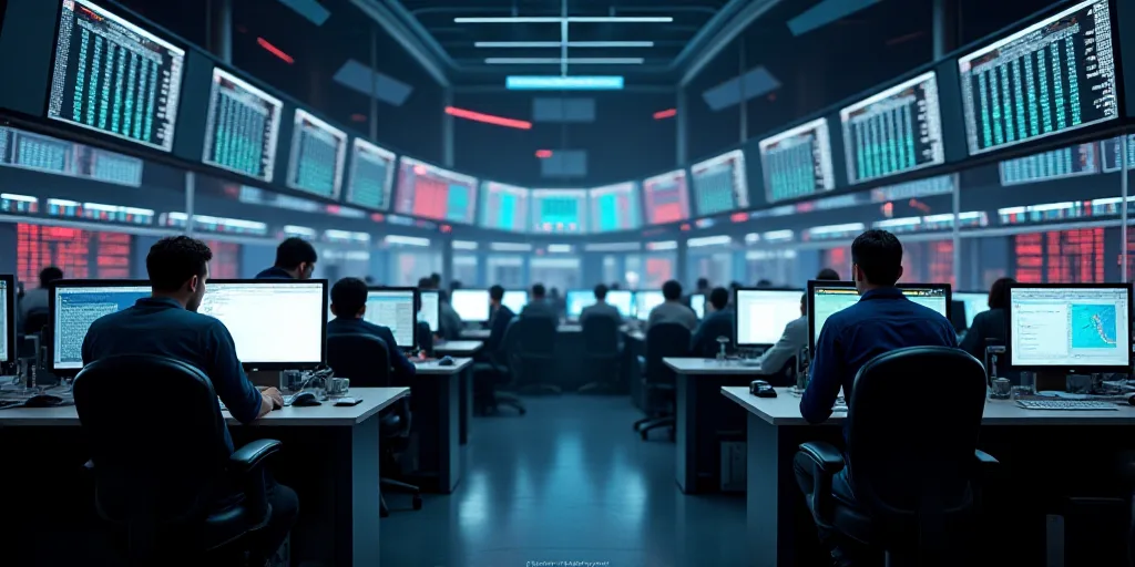 a view of a stock market with people working on their computers and on their phones and on their pho