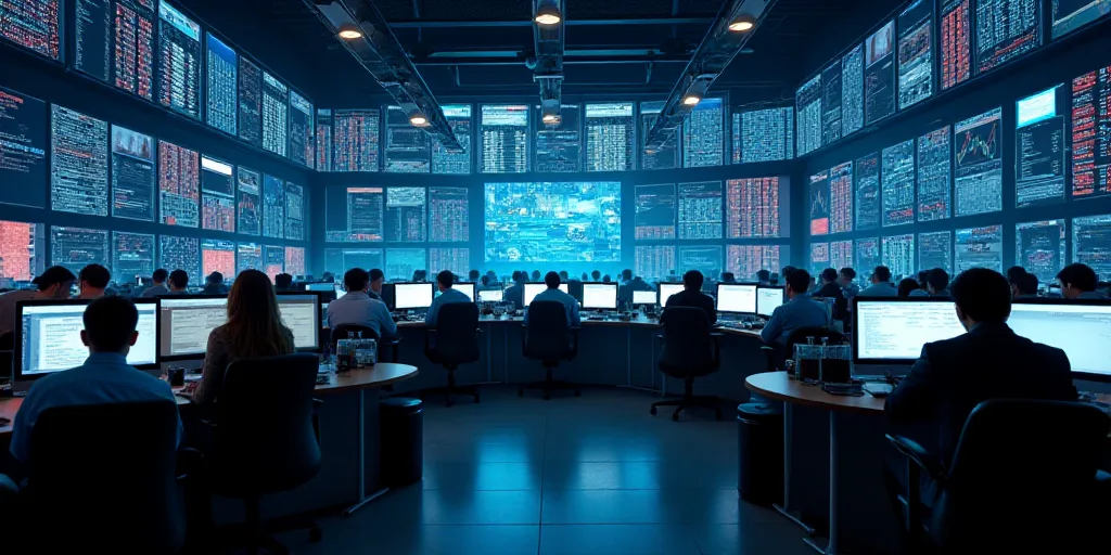a view of a stock market with people working on their computers and on their phones and on their pho
