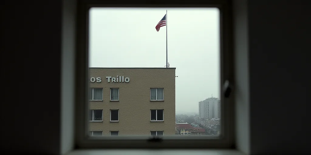 a view of the building through a window of a building with a flag on top of it and a flagpole on top