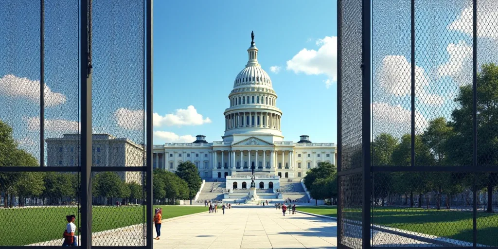 a view of the capitol building through a fenced in area with a blue sky in the background and a few