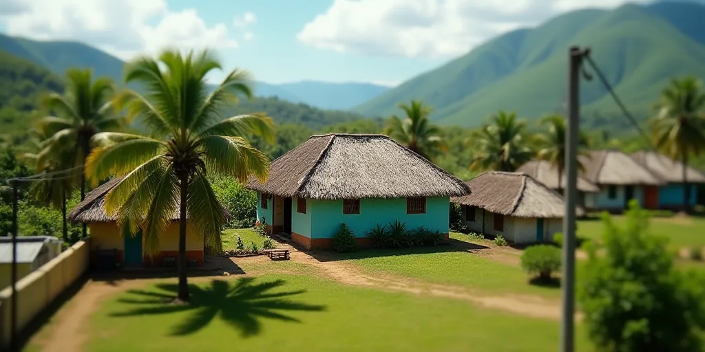 a village with a thatched roof and palm trees in the foreground and a blue building in the backgroun