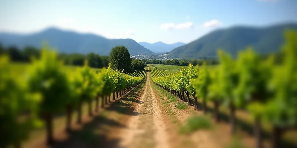 a vineyard with a dirt path and mountains in the background with trees in the foreground and a few b