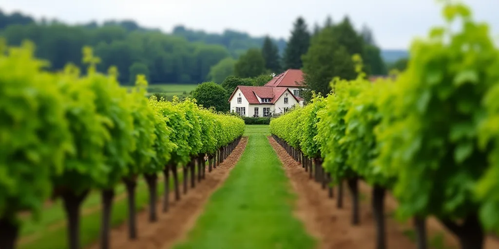 a vineyard with a lot of green plants growing on it's sides and a house in the background, Enguerran