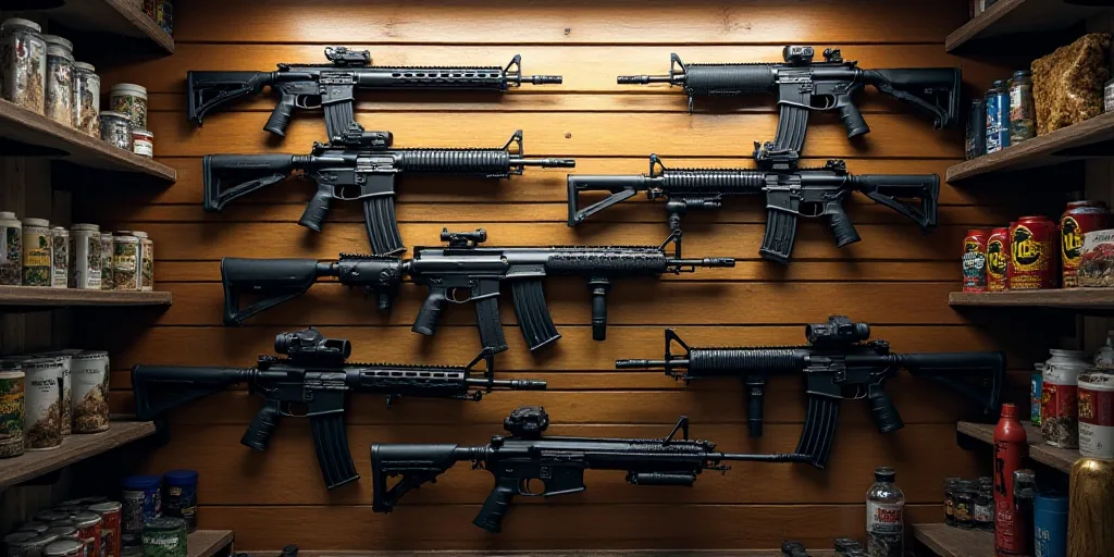 a wall of guns and rifles in a store or shop with a lot of them on display on the wall, Andries Stoc