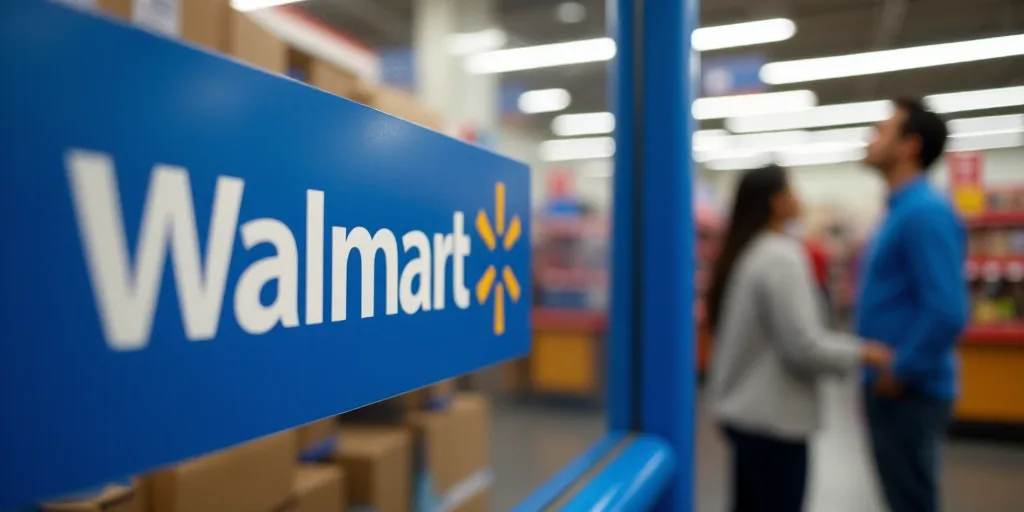 a walmart sign is in a store with people in the background and a woman in a blue shirt, Estuardo Mal